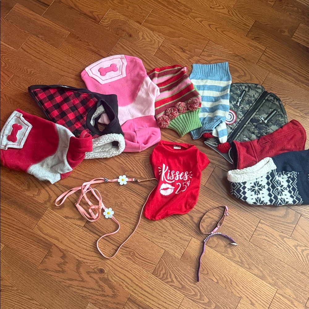 Assorted 9 Dog Sweaters and Accessories for small dog.